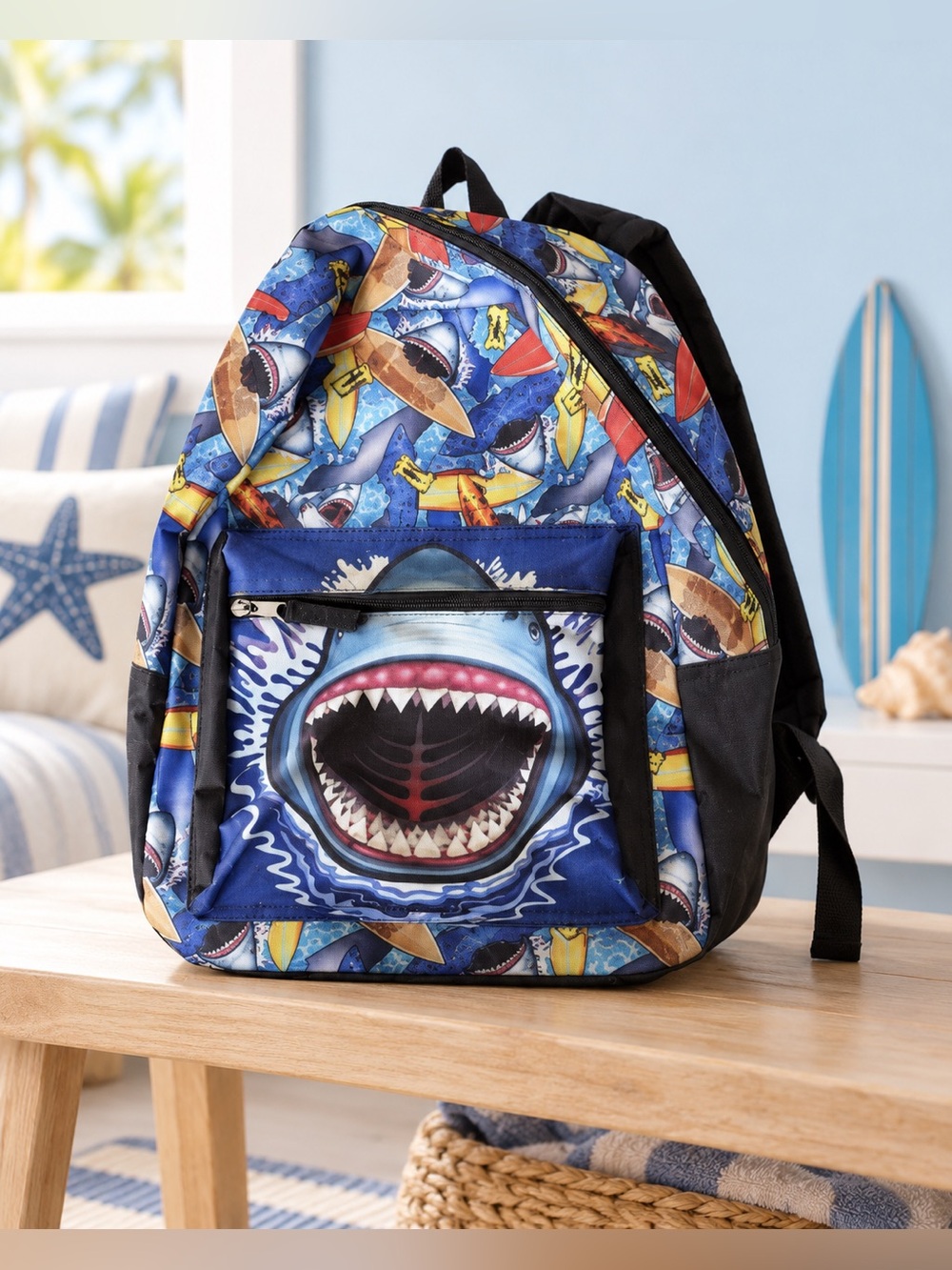 Shark Surfboard Print Kids Backpack Blue 18”